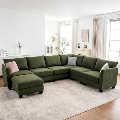 122.8" Large Sectional Couches for Living Room, 6 Seater L Shaped Modular Sectional Sofa with Storage Ottoman & USB, Oversized Corner Couch for Living Room（Green）