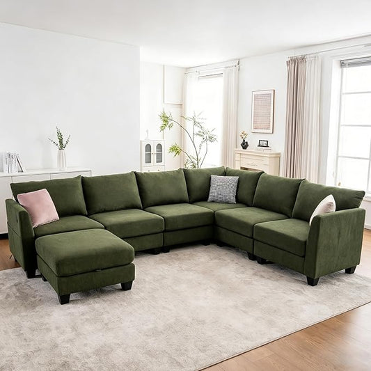 122.8" Large Sectional Couches for Living Room, 6 Seater L Shaped Modular Sectional Sofa with Storage Ottoman & USB, Oversized Corner Couch for Living Room（Green）