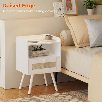 SUPERJARE Nightstands with Charging Station, Bedside Table Set of 2 with PE Rattan Drawers, Rattan Side Table with Storage & Solid Wood Feet, End Table for Bedroom, White