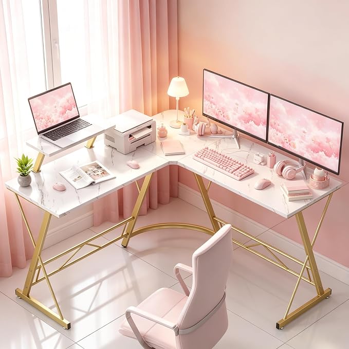 Mr IRONSTONE L Shaped Desk Computer Corner Desk, Home Gaming Desk, Office Writing Workstation with Large Monitor Stand, Easy to Assemble (White,51 Inch)