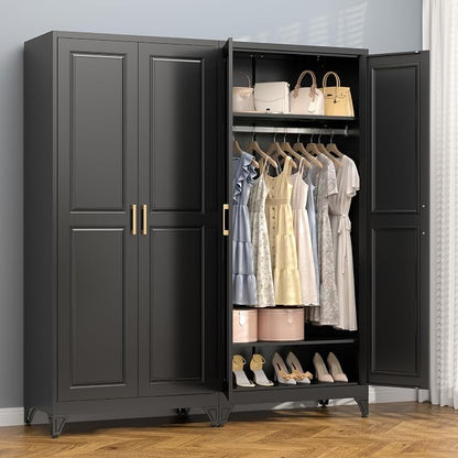 Polup Metal Armoire Wardrobe Closet with Hanging Rod, 71" Tall Wardrobe Cabinet for Clothes, Black Clothing Storage Cabinet with Doors and Shelves, Large Wardrobes for Bedroom, Office, School, Gym