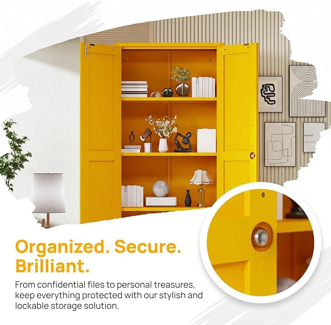 61" Tall Farmhouse Metal Storage Cabinet, Kitchen Pantry Storage Cabinets with 2 Barn Door and 3 Adjustable Shelves, for Home, Office, Kitchen, Laundry Room, Kids Room, Entryway, Yellow