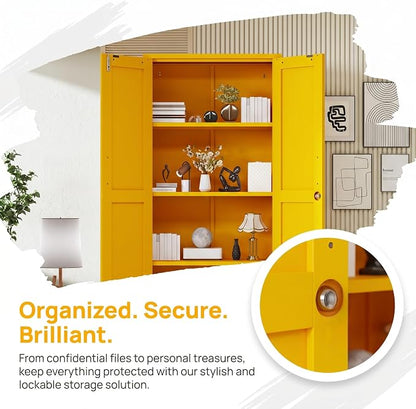 61" Tall Farmhouse Metal Storage Cabinet, Kitchen Pantry Storage Cabinets with 2 Barn Door and 3 Adjustable Shelves, for Home, Office, Kitchen, Laundry Room, Kids Room, Entryway, Yellow