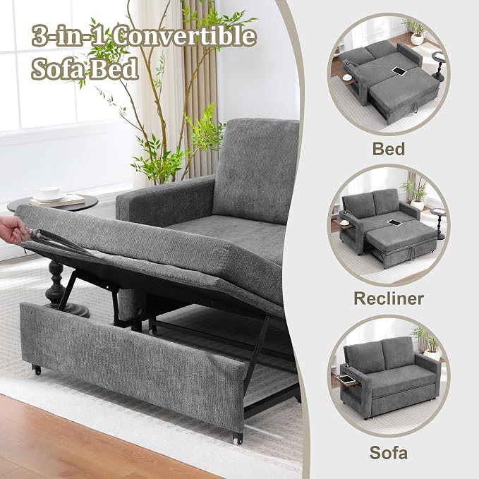 3 in 1 Folding Convertible Sleeper Sofa Bed Pull Out Couch with Side Pockets USB Port Side Table Loveseat Sofa Bed with Adjustable Backrest for Living Room Bedroom 66" Darkgrey 2 SEAT