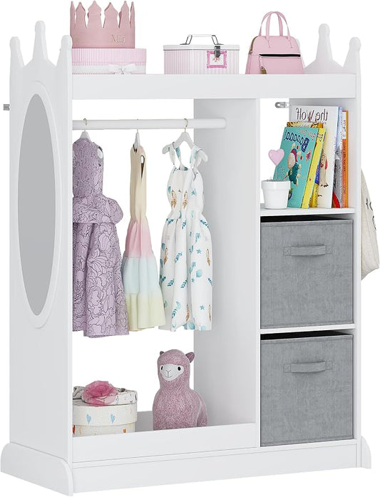 UTEX Kids Dress up Storage with Crown-Shaped Design and 2 Fabric Bins | See and Store Kids Wardrobe, Toddler Dress Up Rack, Open Hanging Armoire Closet, Water-based Paint, Princess Style