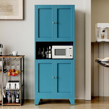 69" Tall Metal Pantry Cabinet with Microwave Stand,Microwave Storage Cabinet with 4 Doors & 3 Adjustable Shelves for Kitchen (4doors-Blue, 13.78" D x 27.54" W x 68.9" H)