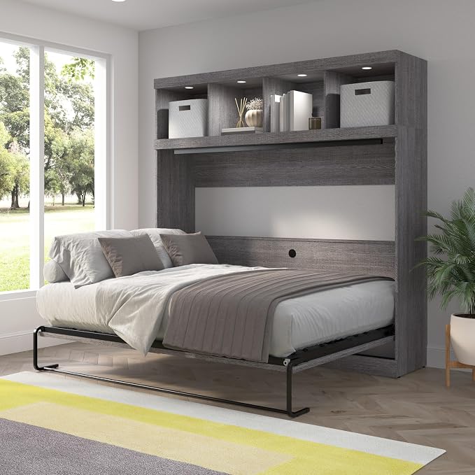 Bestar Queen Size Horizontal Murphy Bed with Storage and Charging Station, 80-inch, for Bedroom or Guestroom, Pur Collection, Modern, Gray