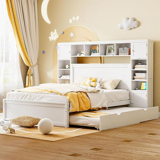 Merax Queen Size Wooden Bed with All-in-One Cabinet and Shelf, White Platform Bed Frame with 2 Drawers, Trundle and Sockets