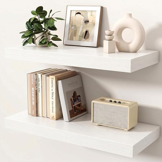 Floating Shelves for Wall, 24 Inch x 8 Inch Deep Wall Mounted Wood Shelf with Invisible Brackets for Storage & Display, Living Room Bedroom Kitchen, White, Set of 2