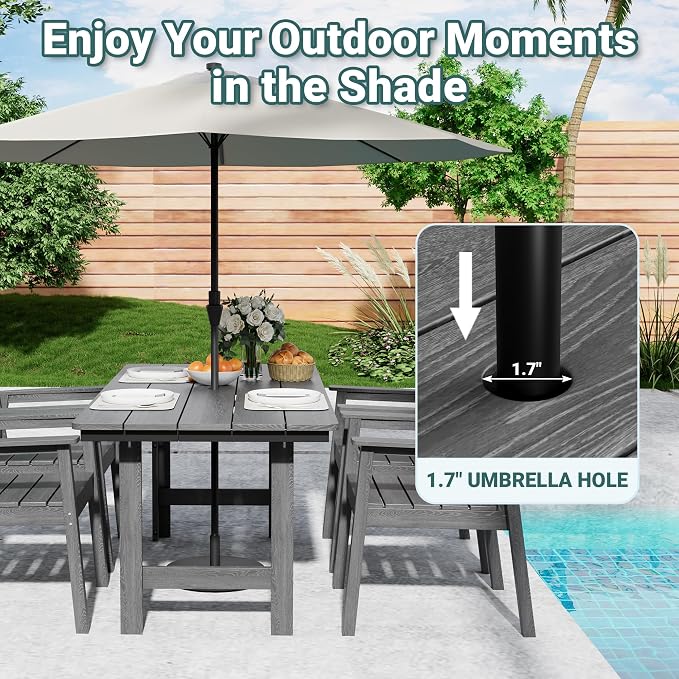Pamapic 5-Piece Outdoor Dining Set, HDPE Outdoor Rectangular Table and 4 Chairs, Wood Grain Patio Furniture Sets with Armrest, All-Weather Patio Dining Table with Umbrella Hole, Gray