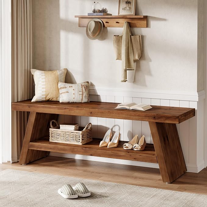 Solid Wood Entryway Bench, 2-Tier Wooden Storage Bench, Farmhouse Indoor Shoe Bench Seat for Entry, Living Room, Dining Room, Bedroom (Brown)