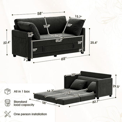 Myroyalsit 65" Convertible Loveseat Sofa Bed, 2-in-1 Folding Sofa Bed with 2 Pillow for Small Spaces, Modern Loveseat Sleeper Couch for Apartment, Living Room & Guest Room (Black Chenille, 65 inch)