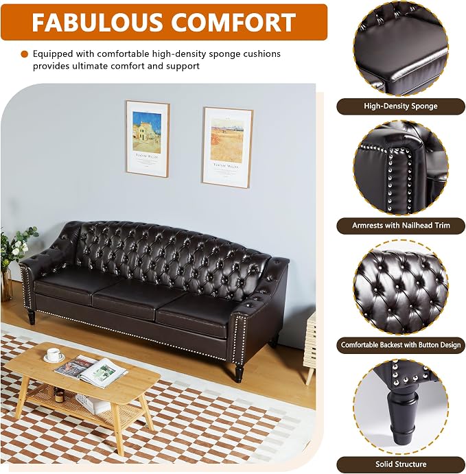 LEVNARY Mid-Century Modern Leather Couch, 80" Large Upholstered Sofa with High Back, Chesterfield Sofa Sleeper Settee with Solid Wood Legs, Tufted 3 Seater Wide Couches for Living Room Office (Brown)