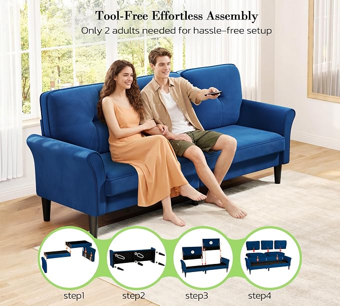 Loveseat Sofa, 83" Love Seat Couches, Comfy Velvet Small Couch for Bedroom, Tool-Free Setup Small Couches for Living Room, Modern Sofas for Living Room, 750lbs Load Sofas & Couches, Blue Couch
