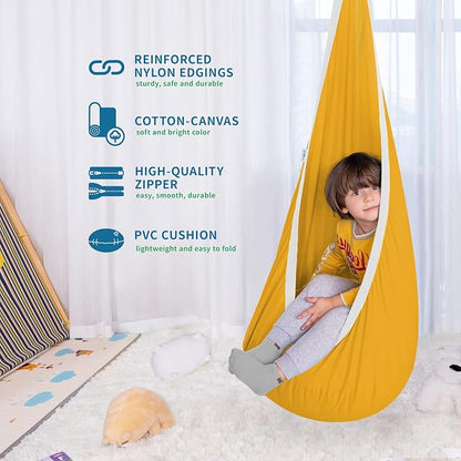 OUTREE Kids Pod Swing Seat, Cotton Child Hammock Swing Chair, Sensory Swing for Indoor and Outdoor Use, Yellow and White