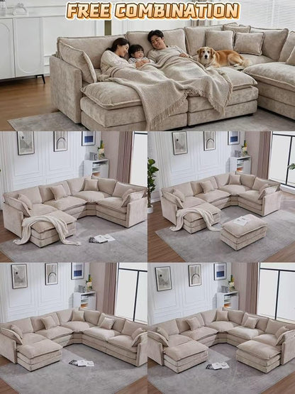 Oversized Modular Sectional Cloud Sofa: 114" V-Shaped Modular Cloud Couch, 7 Seater Comfy Couch with Ottomans and Pillows, Chenille Deep Seat Couch for Living Room,Bedroom,Apartment,Large Space,Camel