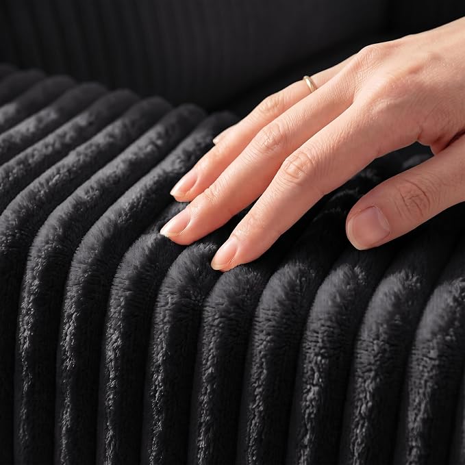 Sectional Sleeper Sofa with Pull Out Bed, Plush Corduroy 7 Seat Modular Sectional Sofa with Storage Chaise and Adjustable Backrest, Cloud Couches for Living Room, Apartment, Black