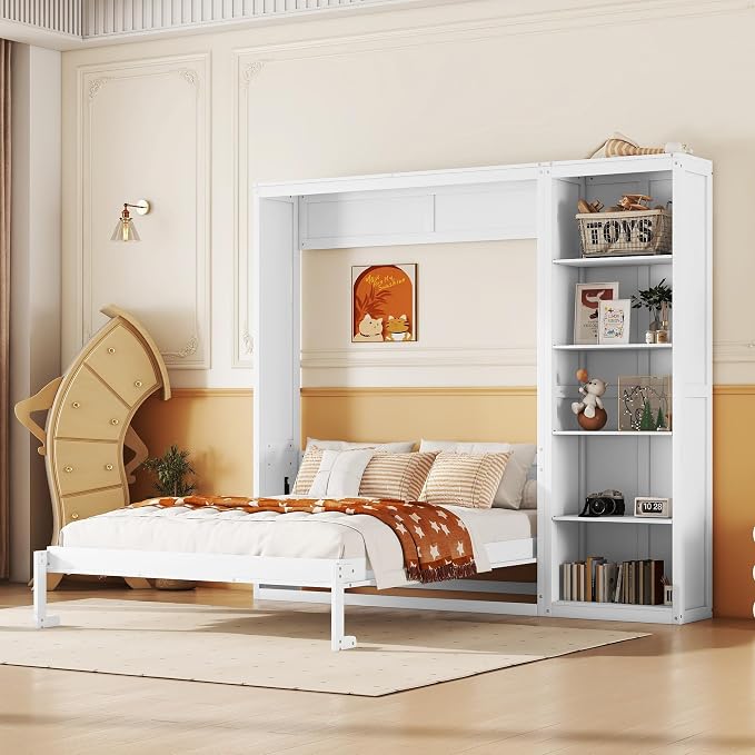 Merax Space-Saving White Murphy Bed Full Size with Adjustable Storage Shelves, Multifunctional Foldable Wall Bed for Small Spaces Studio Study Office Guest Room