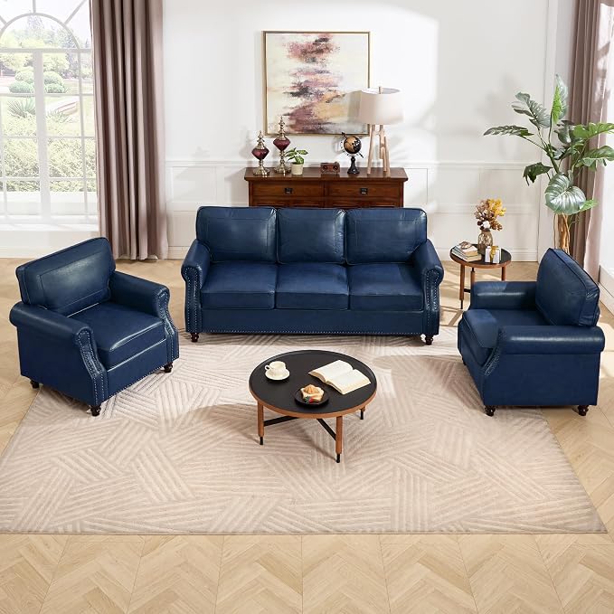 Kingfun 3 Seater Sofa, Mid-Century Modern Faux Leather Couch Set for Living Room, Blue with Rolled Arms & Nailhead Trim, Easy Assembly