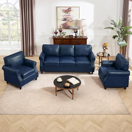 Kingfun 3 Seater Sofa, Mid-Century Modern Faux Leather Couch Set for Living Room, Blue with Rolled Arms & Nailhead Trim, Easy Assembly