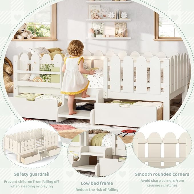 Bellemave Twin Montessori Bed with Stairs, Lights, Rails and Slats, Twin Size Montessori Floor Bed with Bookshelf and 2 Storage Drawers, Easy Assemble Beds Frame for Girls, Boys, Beige