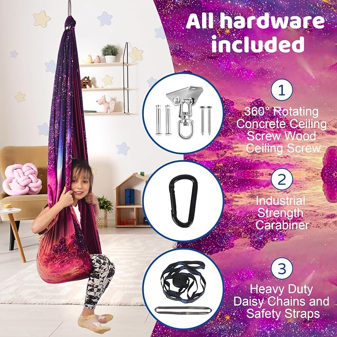 HiCamer Double Layer Sensory Swing for Kids & Adults Holds up to 300lbs Indoor and Outdoor Therapy Cuddle Swing with 360° Swivel Hanger Kit Adjustable with Aspergers Autism ADHD (Fantasy Pink)