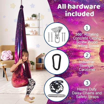 HiCamer Double Layer Sensory Swing for Kids & Adults Holds up to 300lbs Indoor and Outdoor Therapy Cuddle Swing with 360° Swivel Hanger Kit Adjustable with Aspergers Autism ADHD (Fantasy Pink)