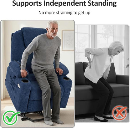 MCombo Power Lift Recliner Chair for Elderly, Lift Chair with Heat and Massage for Tall People, USB&Type C Ports, Extended Footrest, Cup Holders, Fabric 7516(Large,Admiral)