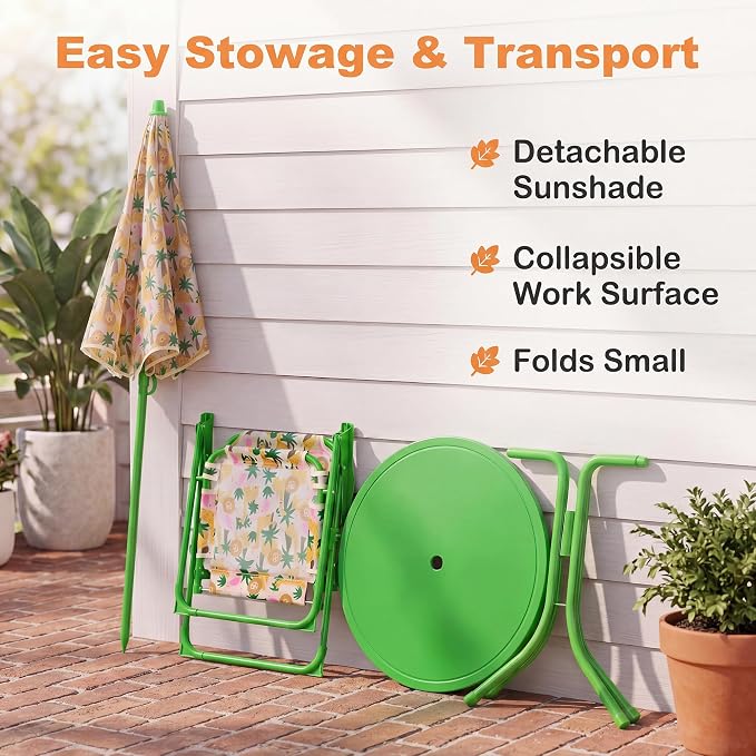 HONEY JOY Kids Picnic Table, Animal Themed Toddler Outdoor Table and Chair Set, 2 Folding Chairs & Removable Umbrella, Children Outdoor Furniture for Backyard Patio Garden (Green Lion)