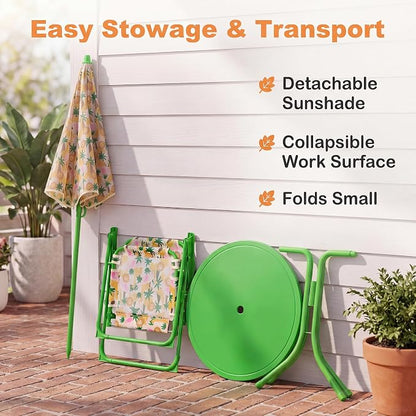 HONEY JOY Kids Picnic Table, Animal Themed Toddler Outdoor Table and Chair Set, 2 Folding Chairs & Removable Umbrella, Children Outdoor Furniture for Backyard Patio Garden (Green Lion)