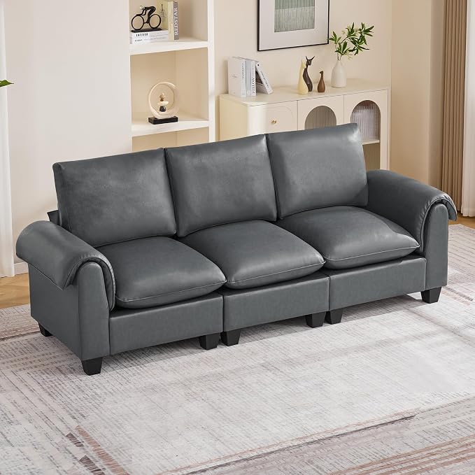 96" Faux Leather Modular Sectional Upholstered Sofa, Oversized 3 Seater Couch with Curved Armrests, Cloud Modern Upholstered Deep Seat Sofa for Living Room, Grey