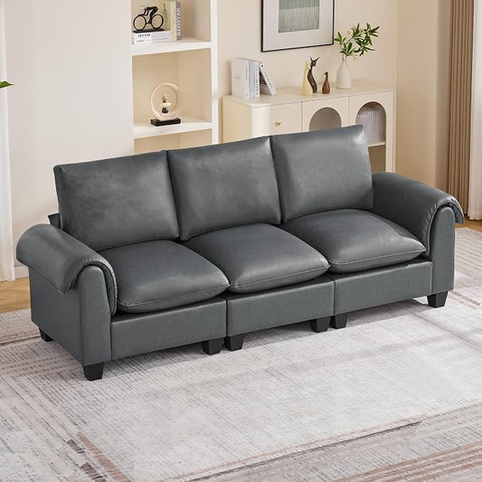 96" Faux Leather Modular Sectional Upholstered Sofa, Oversized 3 Seater Couch with Curved Armrests, Cloud Modern Upholstered Deep Seat Sofa for Living Room, Grey