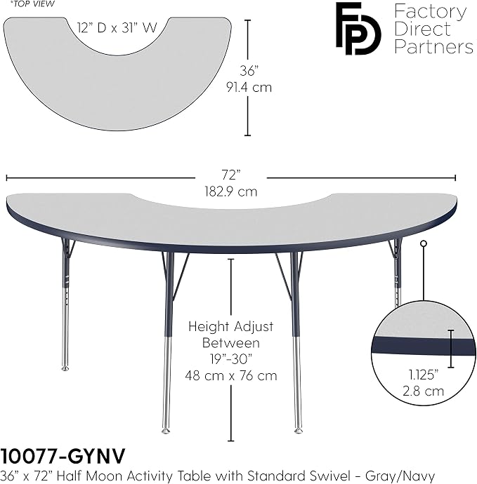 FDP Half Moon Activity School and Office Table (36 x 72 inch), Standard Legs with Swivel Glides for Collaborative Seating Environments, Adjustable Height 19-30 inches - Gray Top and Navy Edge