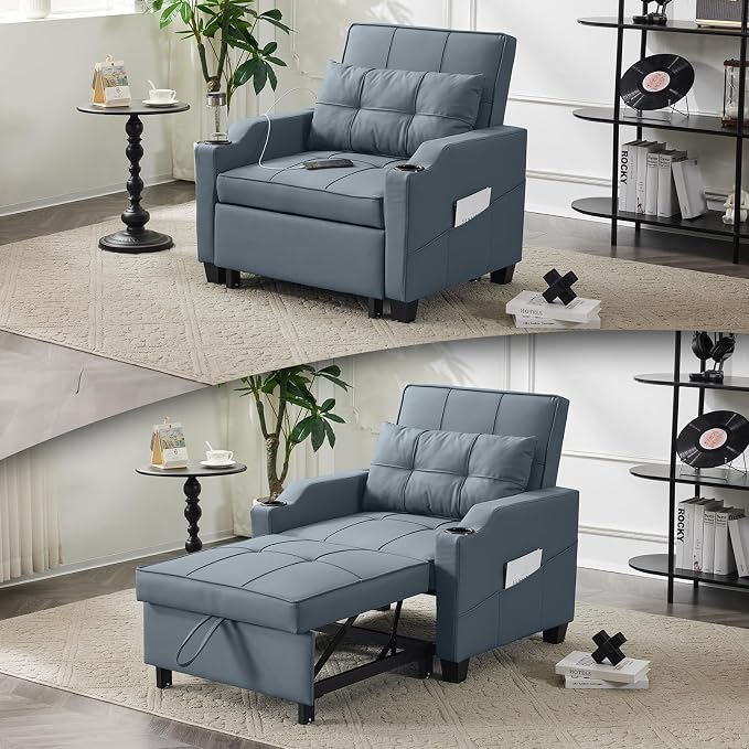 VINGLI Sleeper Chair with Pull Out Couch Bed, 3-in-1 Convertible Sofa Bed Chaise Recliner with USB Ports, Cup Holders, Side Pockets for Living Room Bedroom Small Spaces