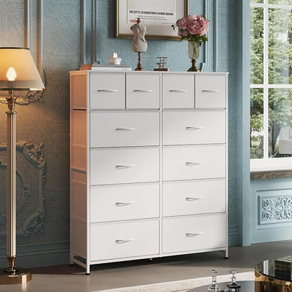 WLIVE Tall White Dresser for Bedroom with 12 Drawers, Dressers & Chests of Drawers, Fabric Dresser for Closet, Living Room, Storage Dressers with Storage Drawers, Steel Frame, Wood Top