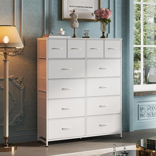 WLIVE Tall White Dresser for Bedroom with 12 Drawers, Dressers & Chests of Drawers, Fabric Dresser for Closet, Living Room, Storage Dressers with Storage Drawers, Steel Frame, Wood Top