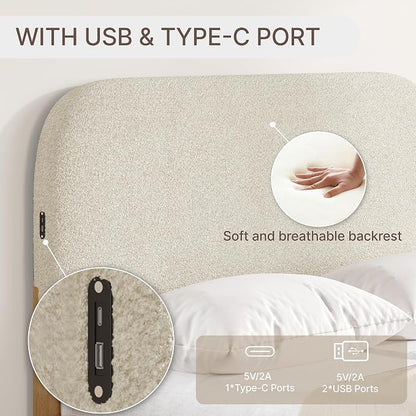 KISLOT Wood Bed Frame with USB & Type-C Charging, Boucle Platform Bed with Upholstered Headboard Mattress Foundation No Box Spring Needed Easy Assembly