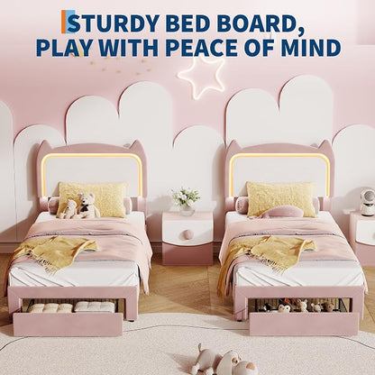 Garvee Twin Upholstered LED Bed Frame with Storage Drawer & Cute Cat Headboard, Velvet Princess Platform Bed Frame with Sturdy Wood Slats Support for Girls/Kids, No Box Spring Needed, Pink