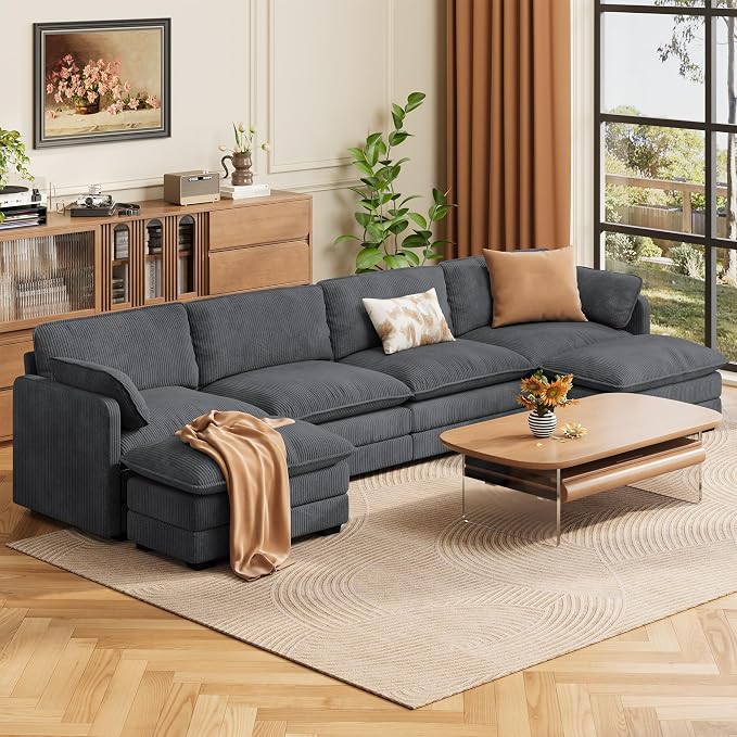 Gizoon 4 Seater Modular Sectional Cloud Sofa with 2 Movable Ottomans U Shaped Corduroy Deep Seat Sofa Couches with Double Layer Upholstered Seat Cushion, Pet-Friendly Fabric, Gray