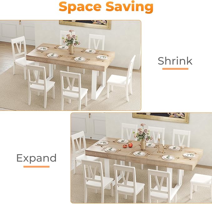 Zevemomo 63"-78.7" Expandable Dining Table, 6-8 Extendable Dining Table, Rectangle Conference Table, Farmhouse Kitchen Table with Slide Track, Tapered U-Shaped Wood Legs for Office, Living Room-Oak