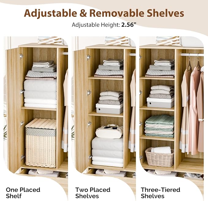 VINGLI Wardrobe Closet with Doors, Rattan Armoire Wardrobe Closet with Drawers & Hanging Rod, Wooden Armoire for Hanging Clothes, Natural Oak, 68.9" H
