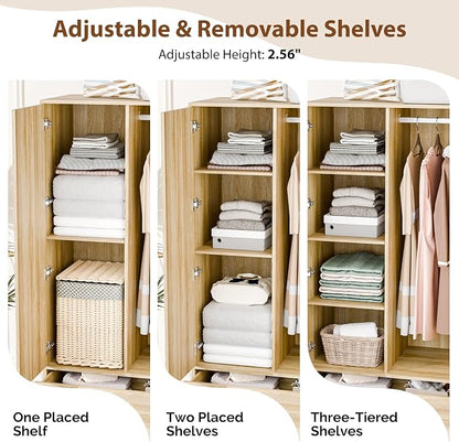 VINGLI Wardrobe Closet with Doors, Rattan Armoire Wardrobe Closet with Drawers & Hanging Rod, Wooden Armoire for Hanging Clothes, Natural Oak, 68.9" H