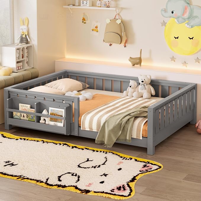 Bellemave Gray Montessori Floor Bed with Fence and Slats, Full Size Montessori Floor Bed with Bookcase and High Rails, Easy Assemble Bed Frame for Girls, Boys, Full
