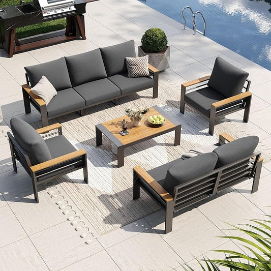 Aoxun Patio Furniture Set, 7 Piece Aluminum Patio Sets with 5" Thicken & Washable Cushion, Waterproof Outdoor Furniture with Coffee Table, Outdoor Couch Sectional for Backyard, Porch and Garden