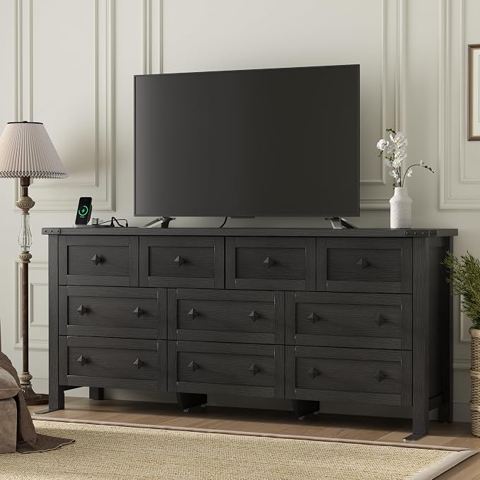 Gyfimoie 10-Drawer Dresser, 63" Farmhouse Wood Storage Chest of Drawers, Long Dresser TV Stand for TVs up to 75", Vintage Wide Dressers Organizer with Metal Handles for Bedroom, Black