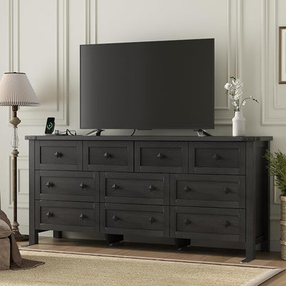 Gyfimoie 10-Drawer Dresser, 63" Farmhouse Wood Storage Chest of Drawers, Long Dresser TV Stand for TVs up to 75", Vintage Wide Dressers Organizer with Metal Handles for Bedroom, Black