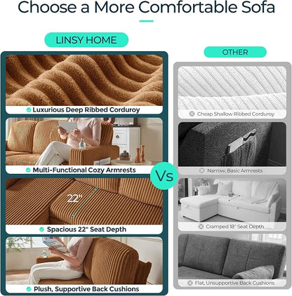 LINSY HOME Sectional Sleeper Sofa with Pull Out Couch Bed - Convertible Plush Corduroy Cloud Couch with Storage Chaise & USB Charging, Comfy Modular Couches for Living Room, Brown