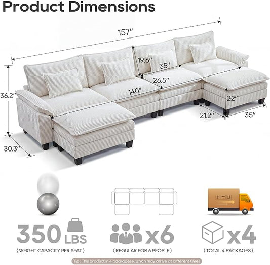 URRED Oversized Modular Sectional Sofa, 157" U Shaped Modern Comfy Cloud Couch with Movable Ottoman & Pillows, Deep Seat Couches for Living Room, Bedroom or Apartment (Corduroy Beige, 157" U Shaped)