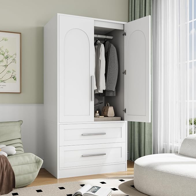 Einhomn Wooden Armoire Wardrobe Closet with 2 Doors and 2 Drawers,Bedroom Freestanding Armoire Storage Cabinet with Shelves,Tall Clothing Storage Cabinet for Bedroom,White