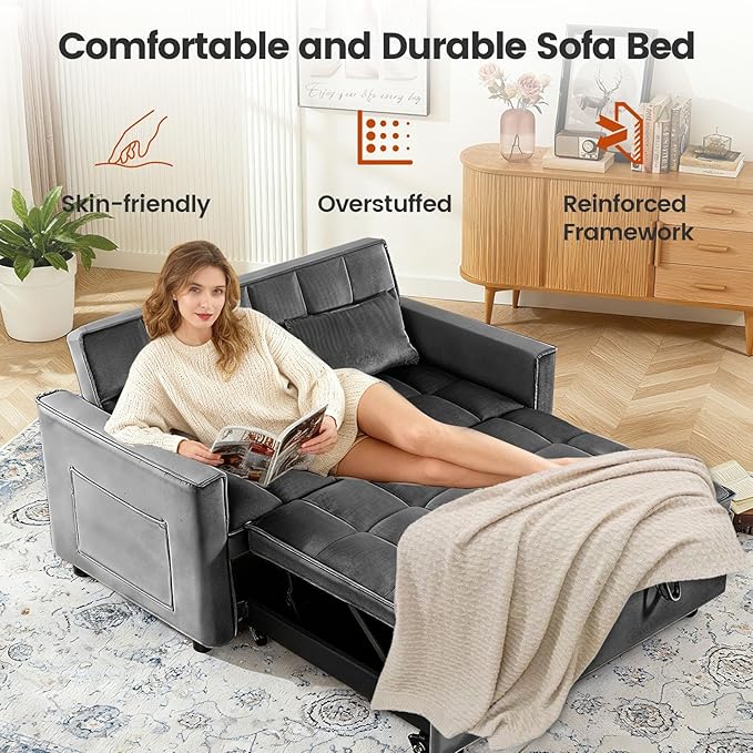 3 in 1 Convertible Sofa Bed, Love Seat Sleeper Bed with Side Pockets, Velvet Fabric Pull Out Couch with Adjustable Backrest for Living Room, Bedroom, Gray Apartment, Gray